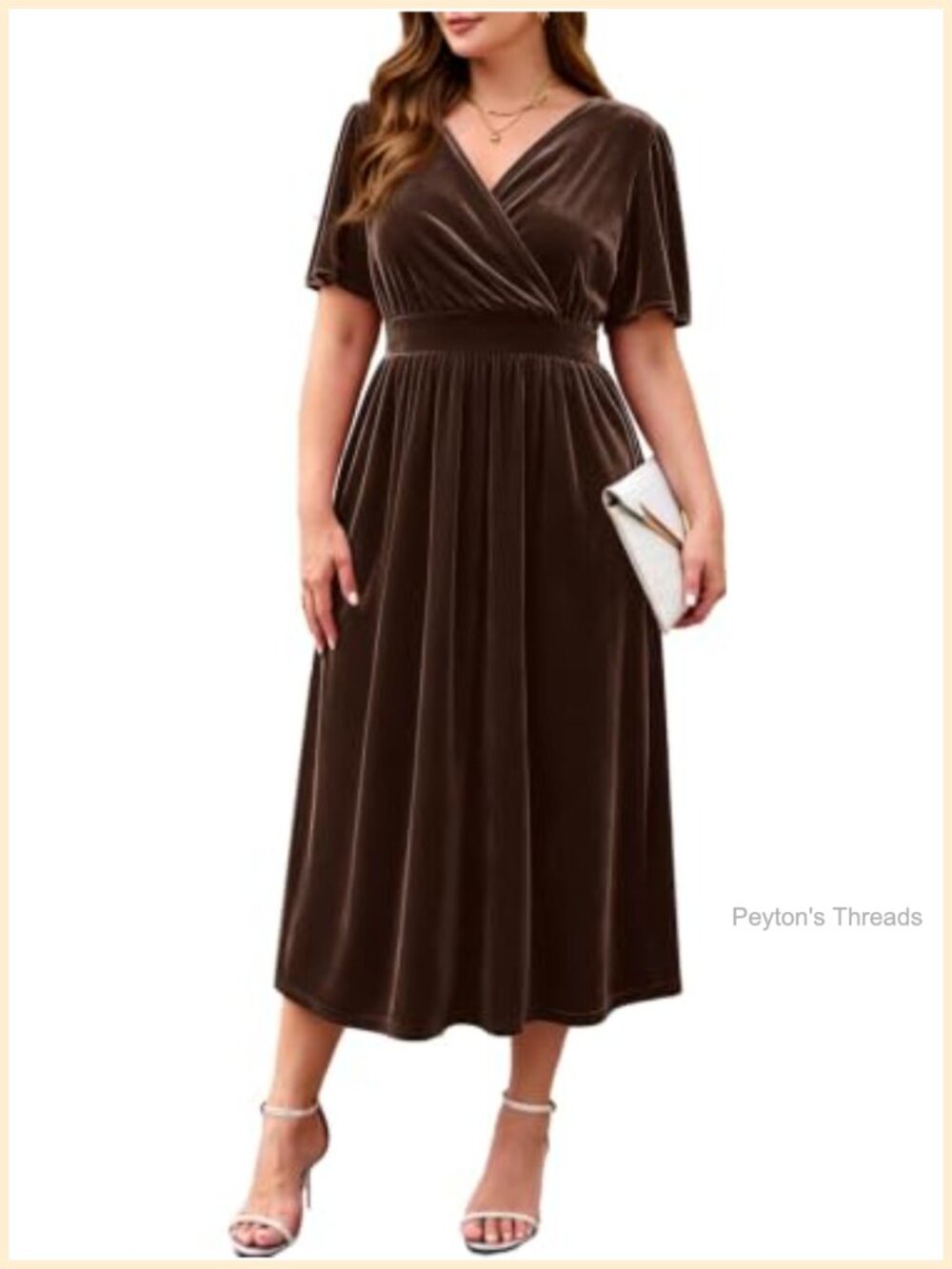 Plus Size Velvet Cocktail Dress Wrap V-Neck Flutter Sleeve A-Line Midi